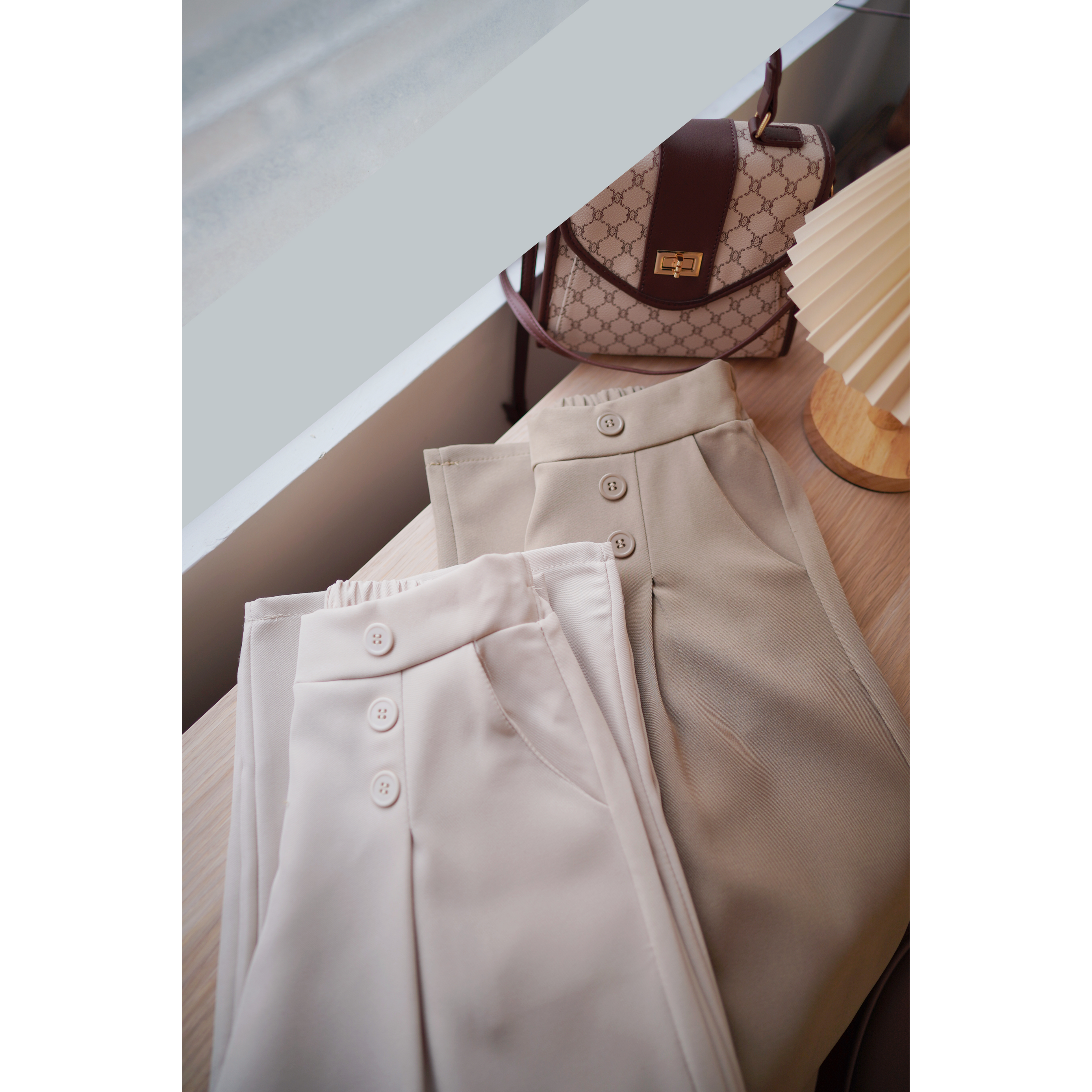 百搭知性の選💮排鈕闊腳長褲 (KR) 卡其色