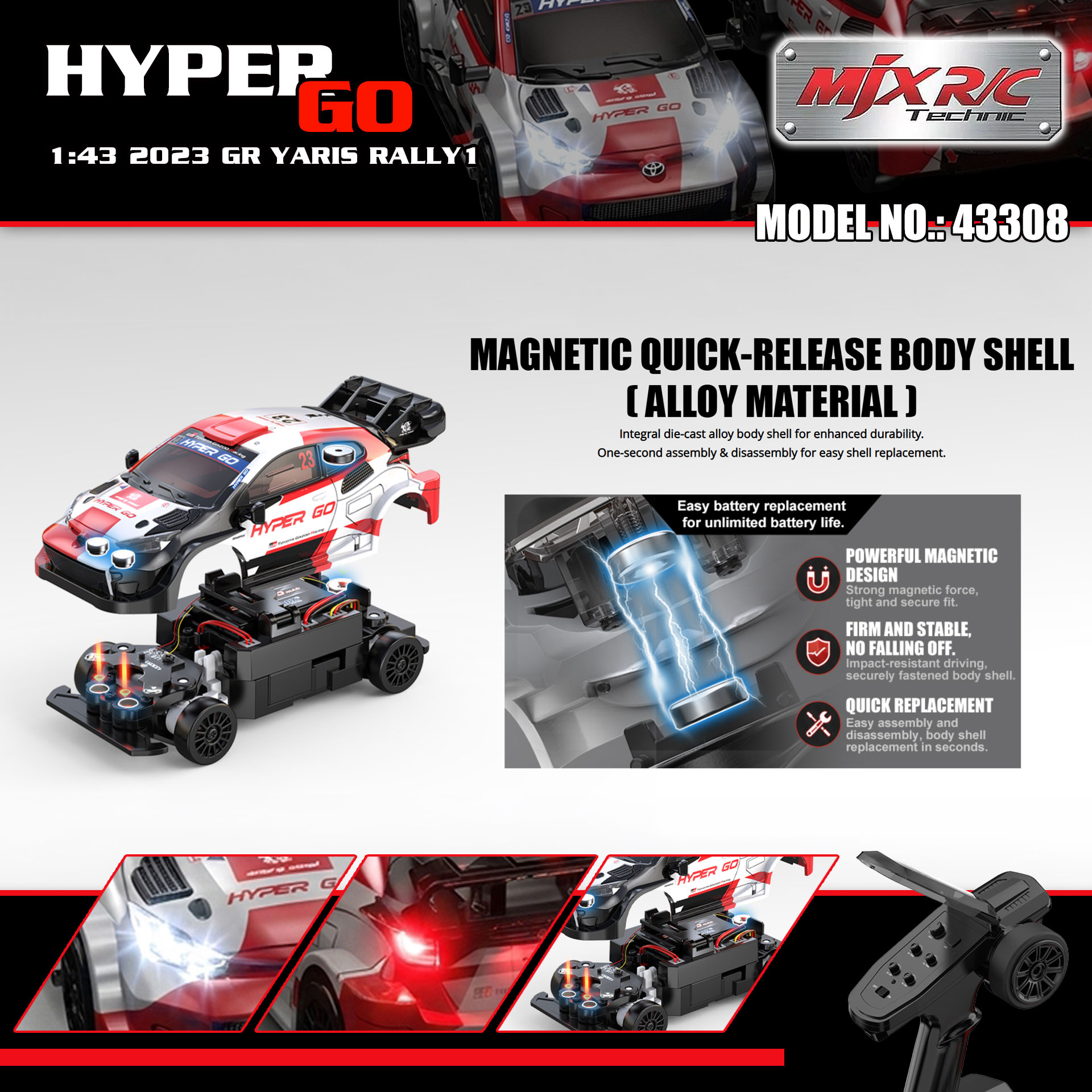 【香港現貨】MJX R/C HYPER GO 1:43 2023 GR YARIS RALLY1 拉力車 | 磁吸車殼