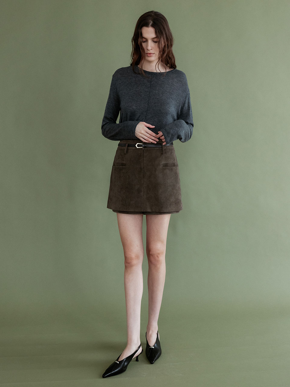 LOEUVRE Suede Layered Vest Jacket 麂皮假兩件層次無領西裝外套