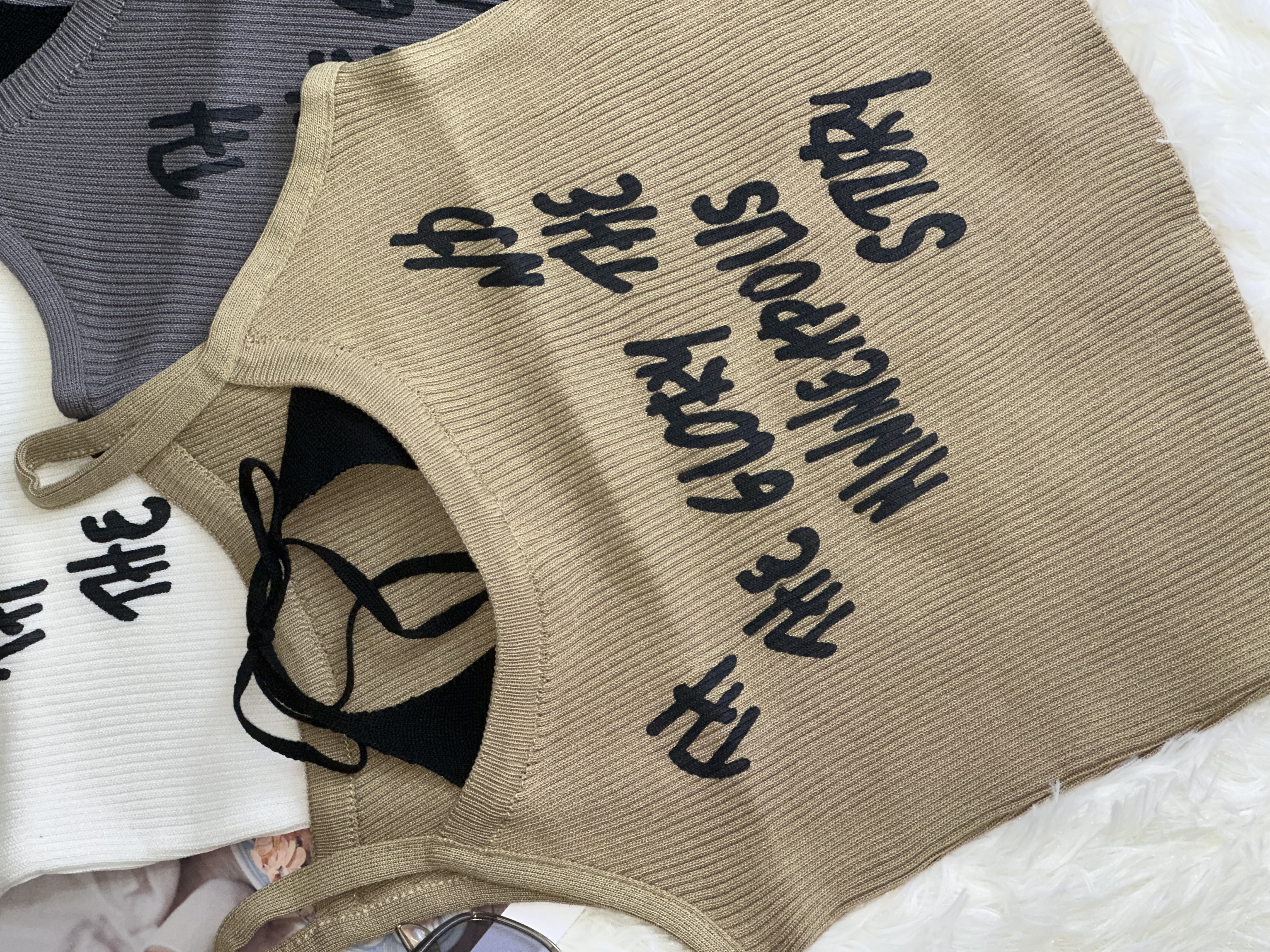 T20013#Y0229 Ribbed Knit Letter Print Camisole Top | Casual Slim Fit Sleeveless Tank