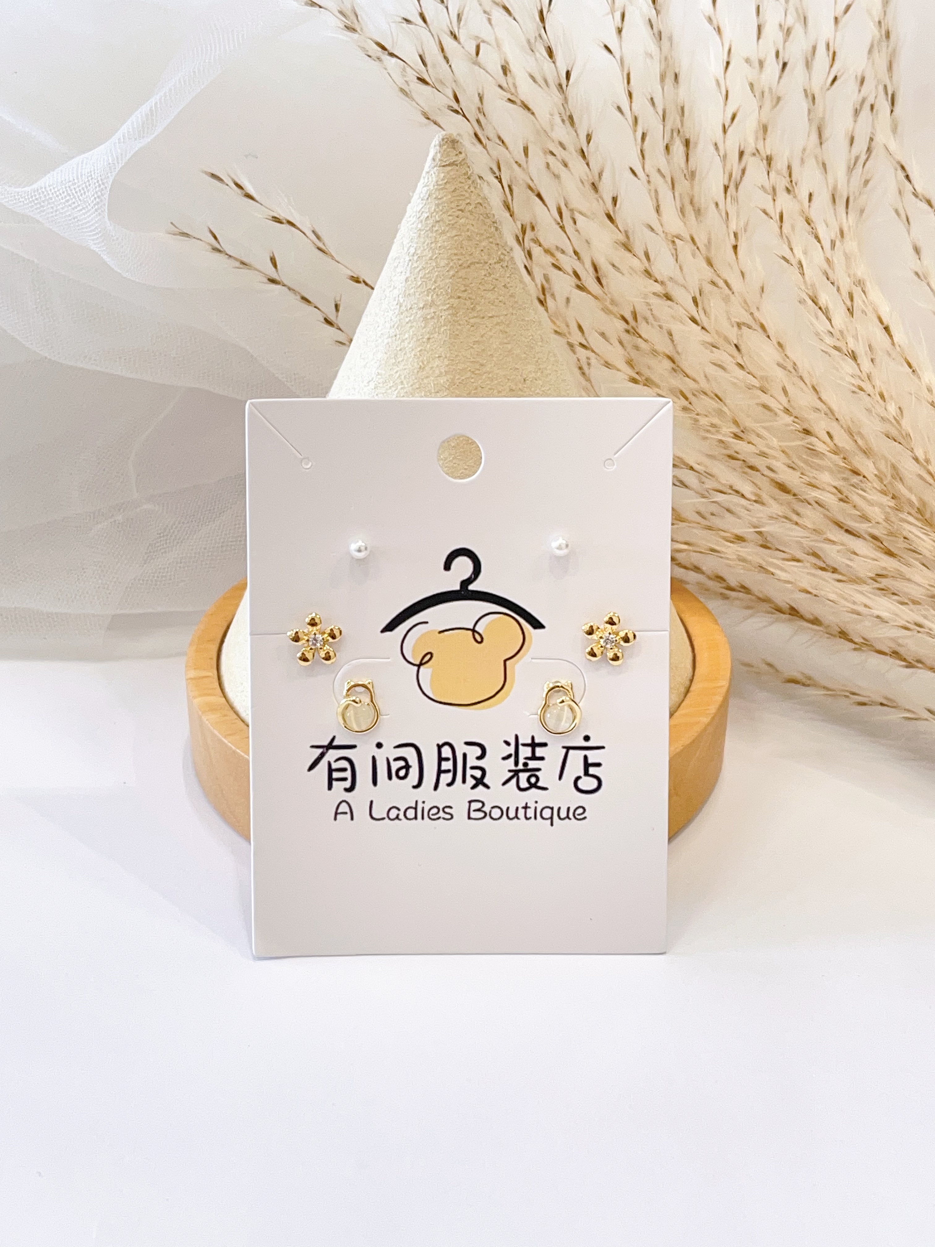 猫眼石小猫花朵耳环套装