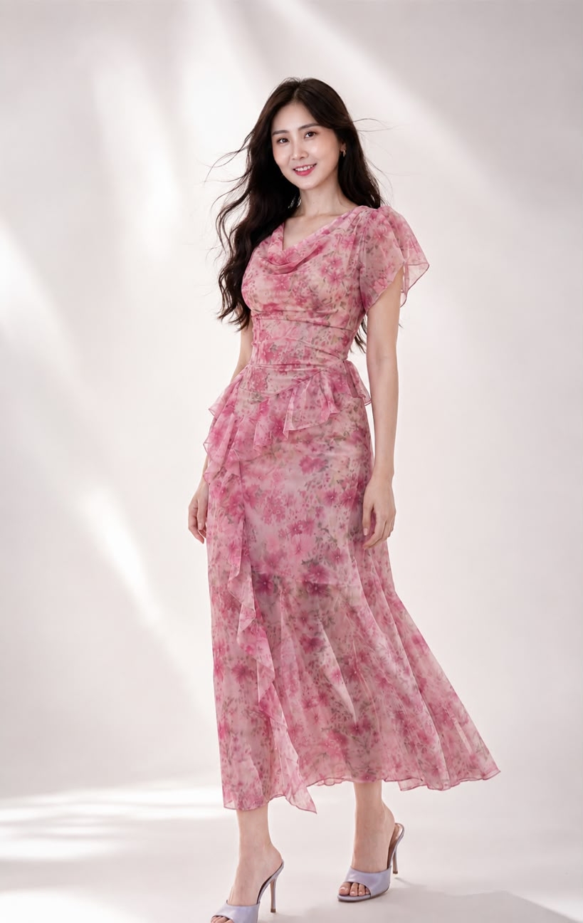 5134 Rosalie Chiffon Daisy Ruffle Maxi Dress