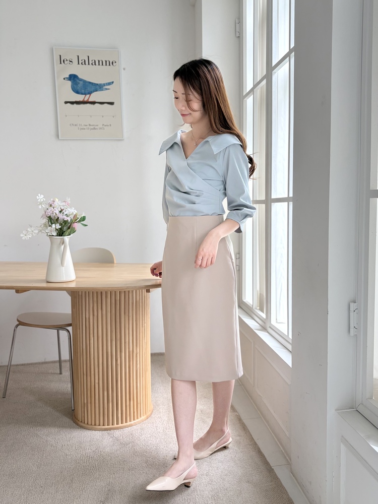 Camelia Wrap Collar Blouse (Blue)