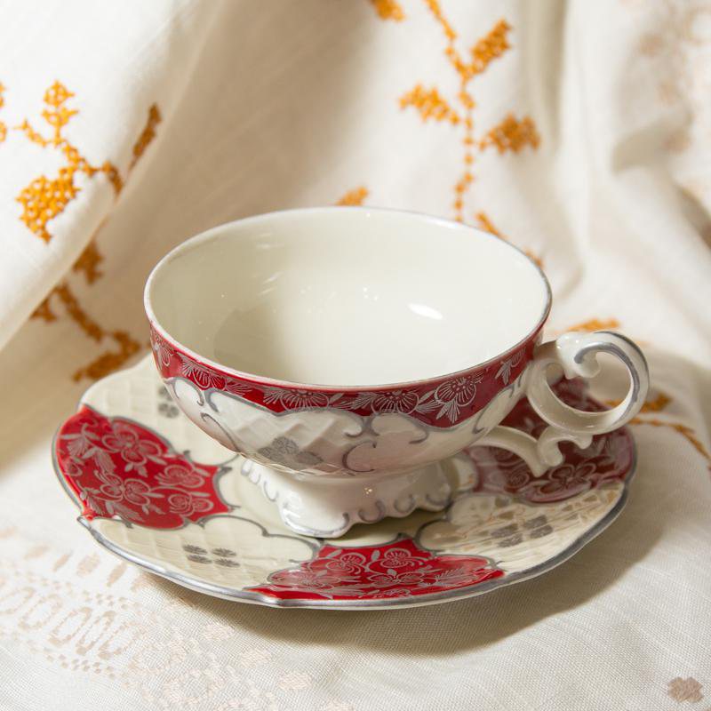 Vintage c.a. 1950s Unmarked Handpainted Floral Shape Red & Ivory Tea Set Trio from Germany (CB058)
