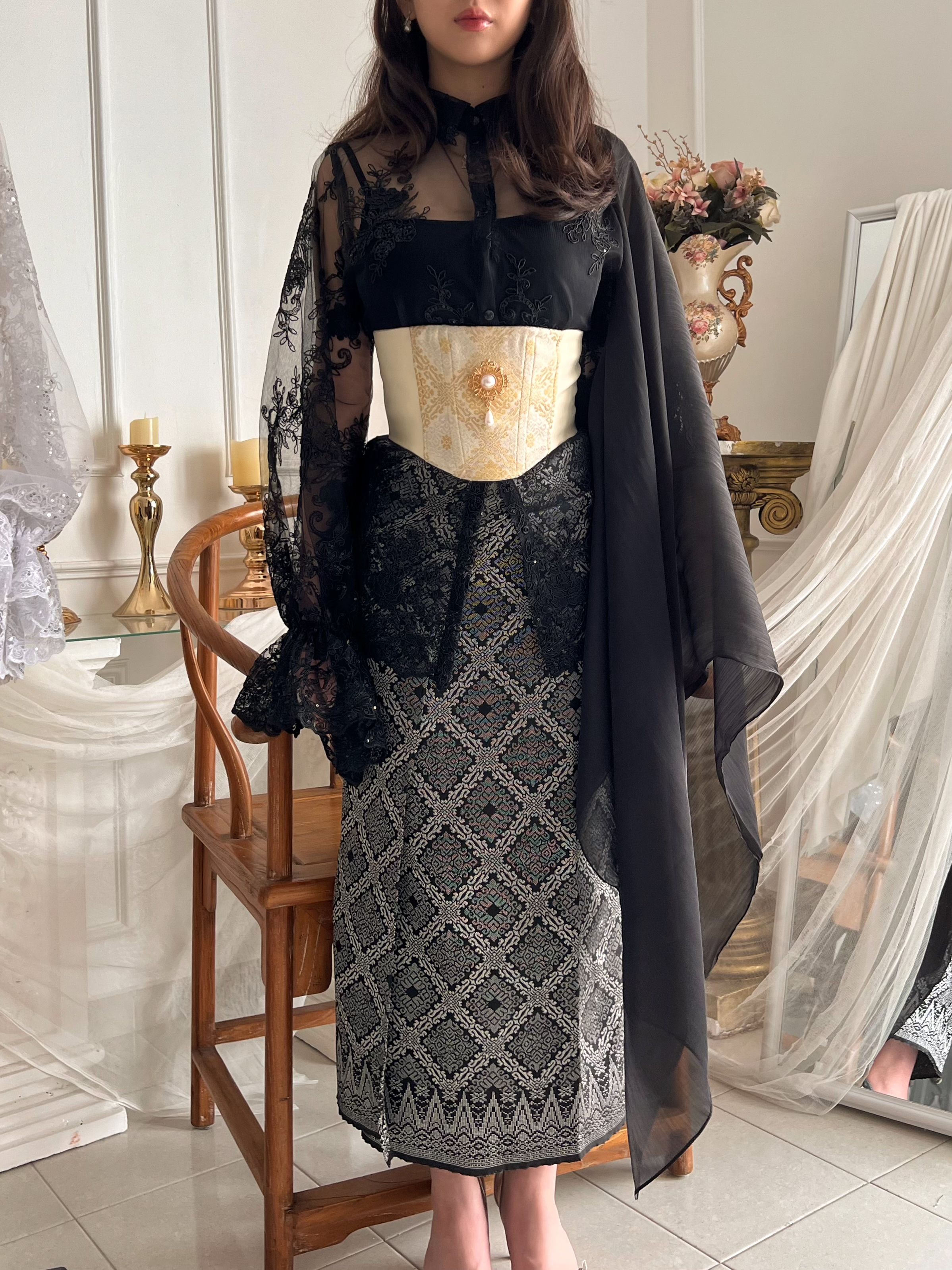 Songket Underbust Corset in Crème and Pareo Skirt in Black with Angel Blouse in Black