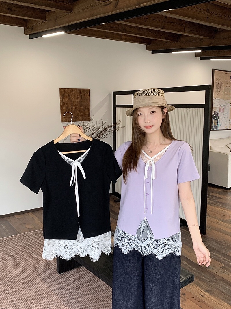 B116(36686) 法式假两件拼里蕾丝系带V领黑紫上衣