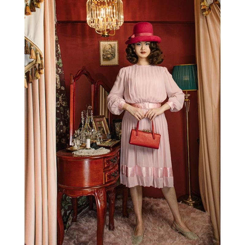 Vintage C.a. 1980s American Bobby's Girl Light Pink Chiffon Dress with Belt(MU108-13)