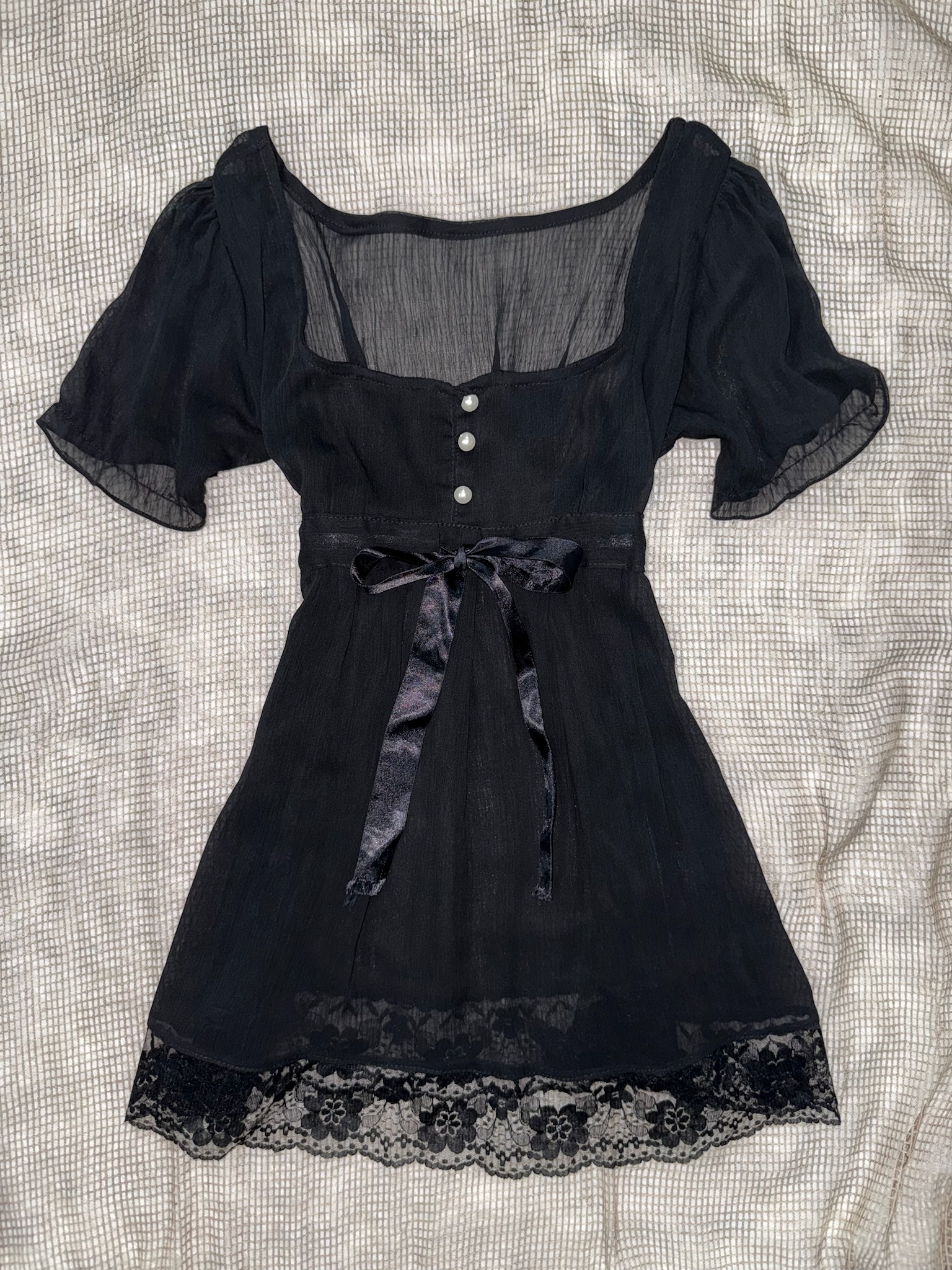 Sheer Puff Sleeve Black Dress with Statement Bow