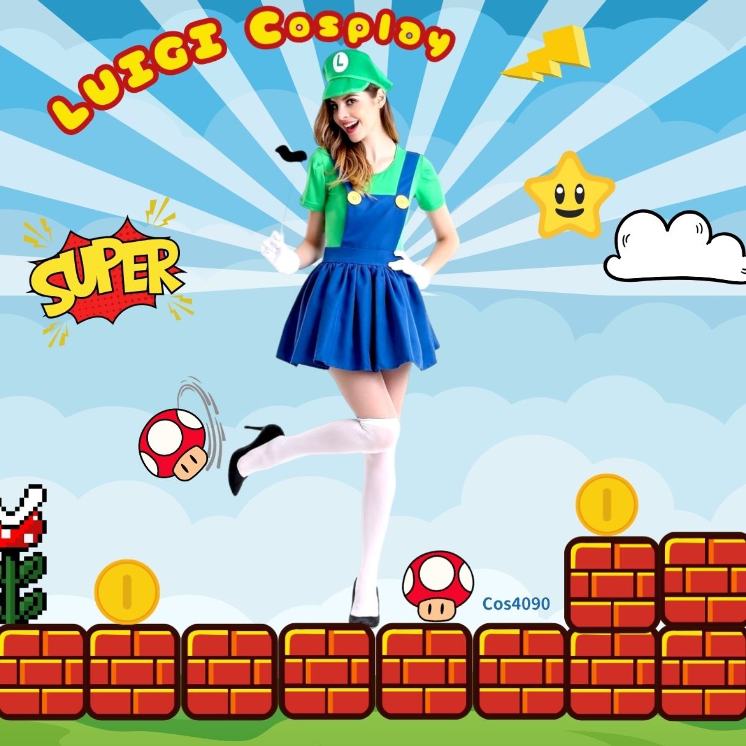  Luigi Costume for Lady 路易吉主題女裝短連身裙5件套｜萬聖節Luigi Cosplay｜Lets Cosplay Cos4090