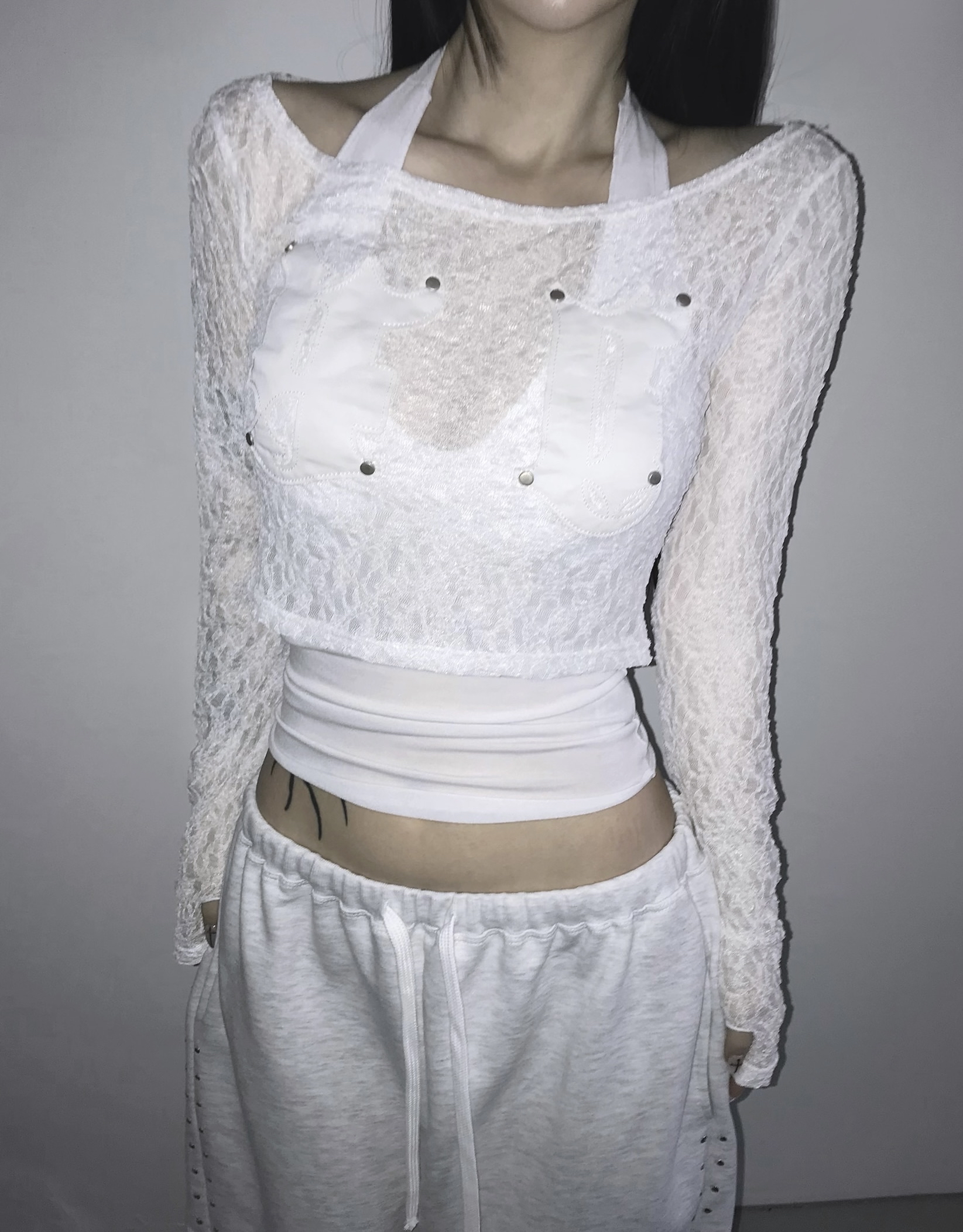 Sheer Lace Round Neck Crop Top