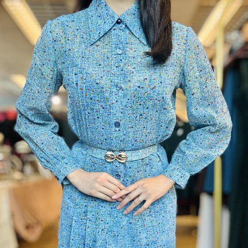 Vintage C.a. 1970s Abstract Pattern Sky Blue Shirtdress with Belt (MT2260-6)