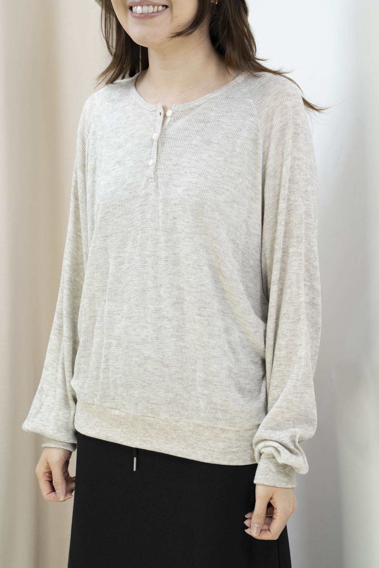 輕軟薄窩夫格紋半開胸上衣（燕麥色）