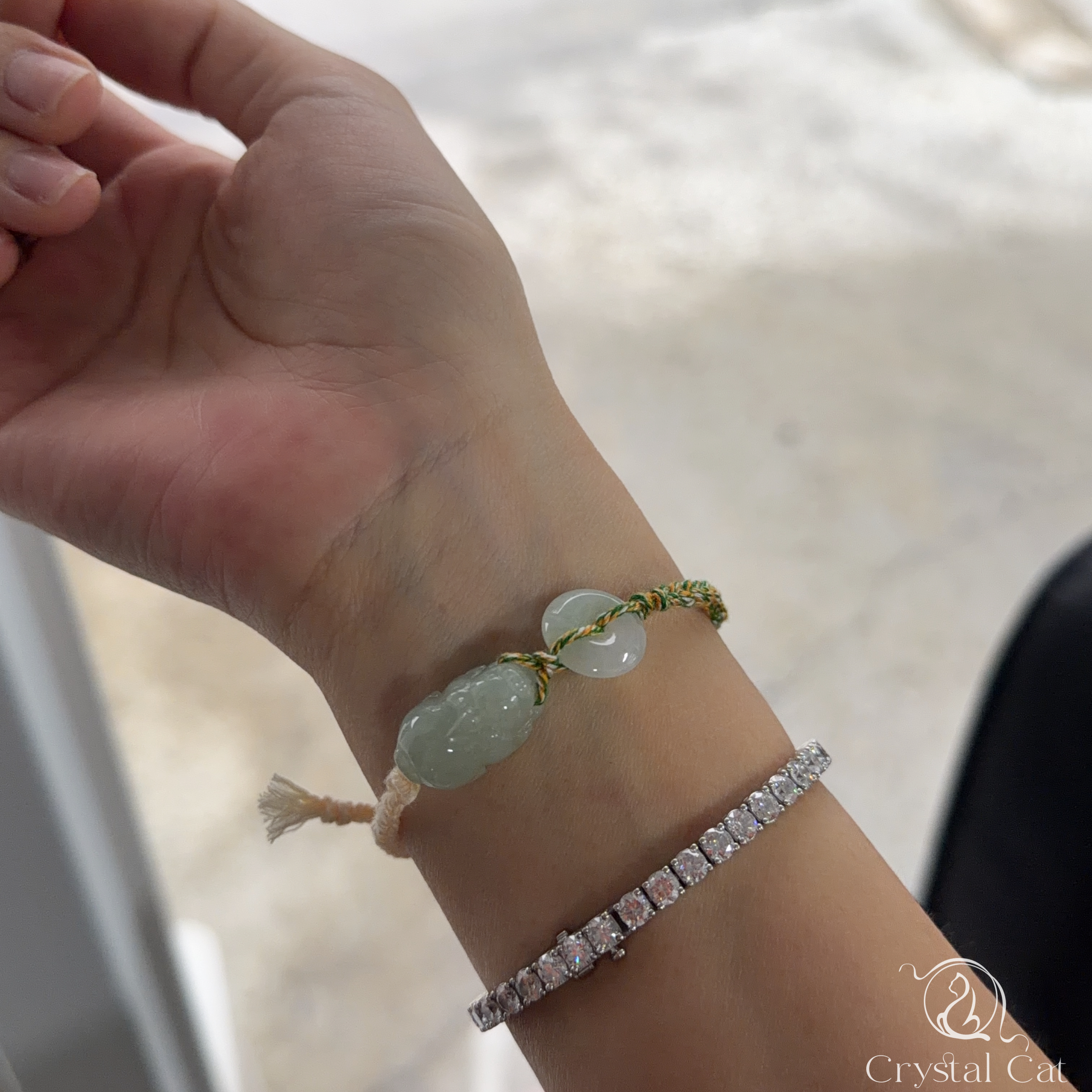 天然翡翠貔貅+平安扣襯手绳