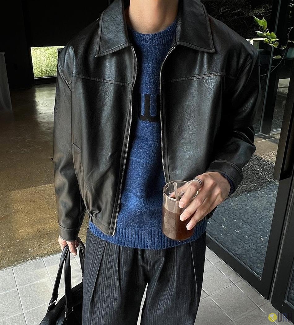 【100%保證韓國直送】復古裂紋質感雙向拉鍊皮夾克 [2 color] RG165753