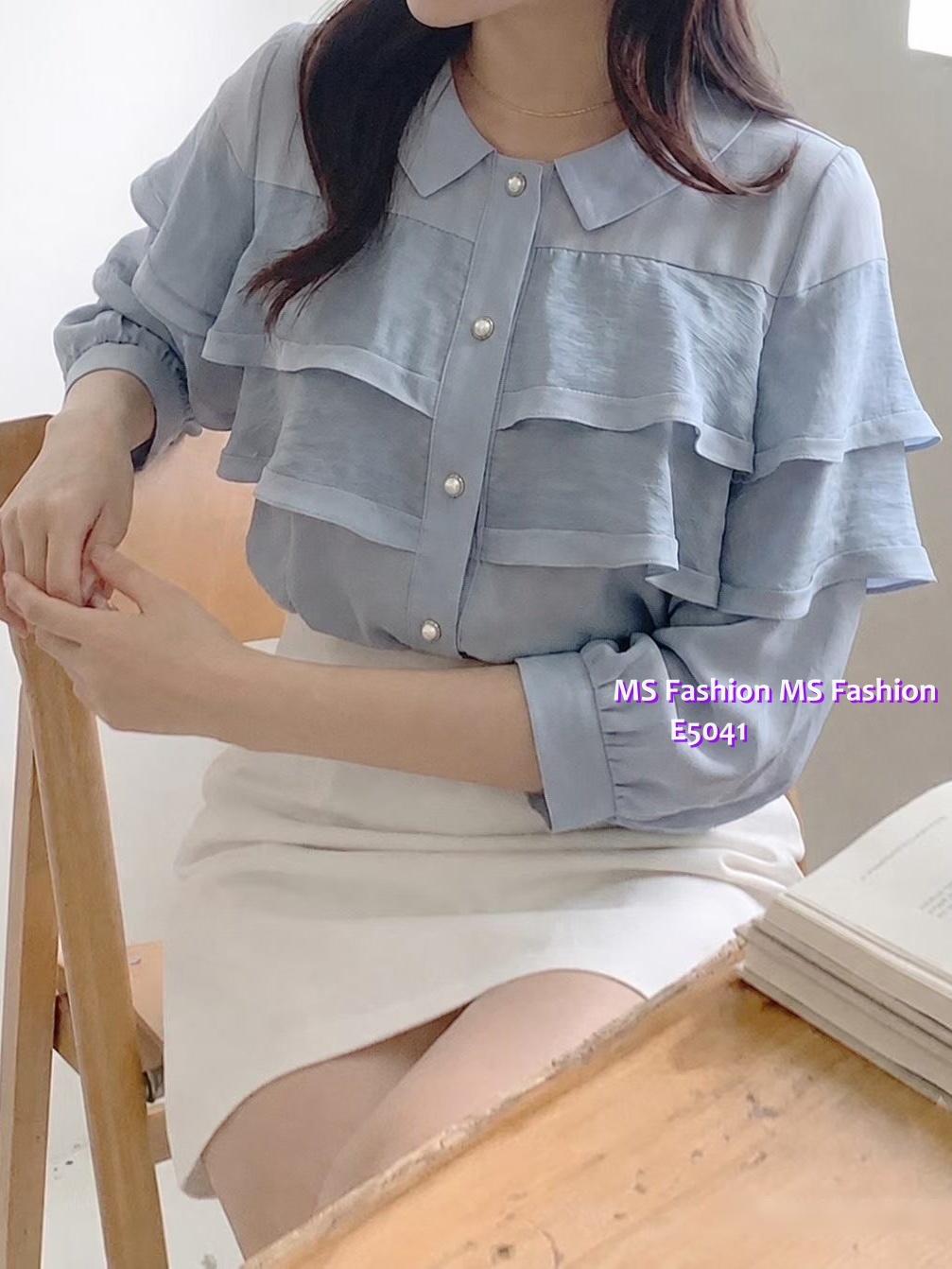 E5041 高質靚料反領ruffle top
