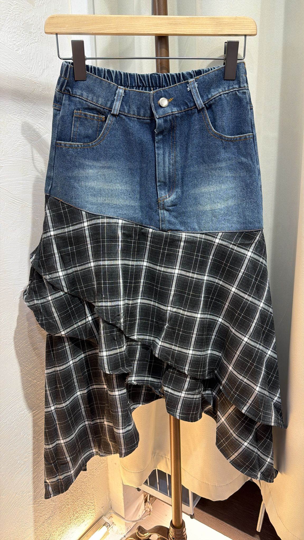 拼接格紋牛仔半身裙free size