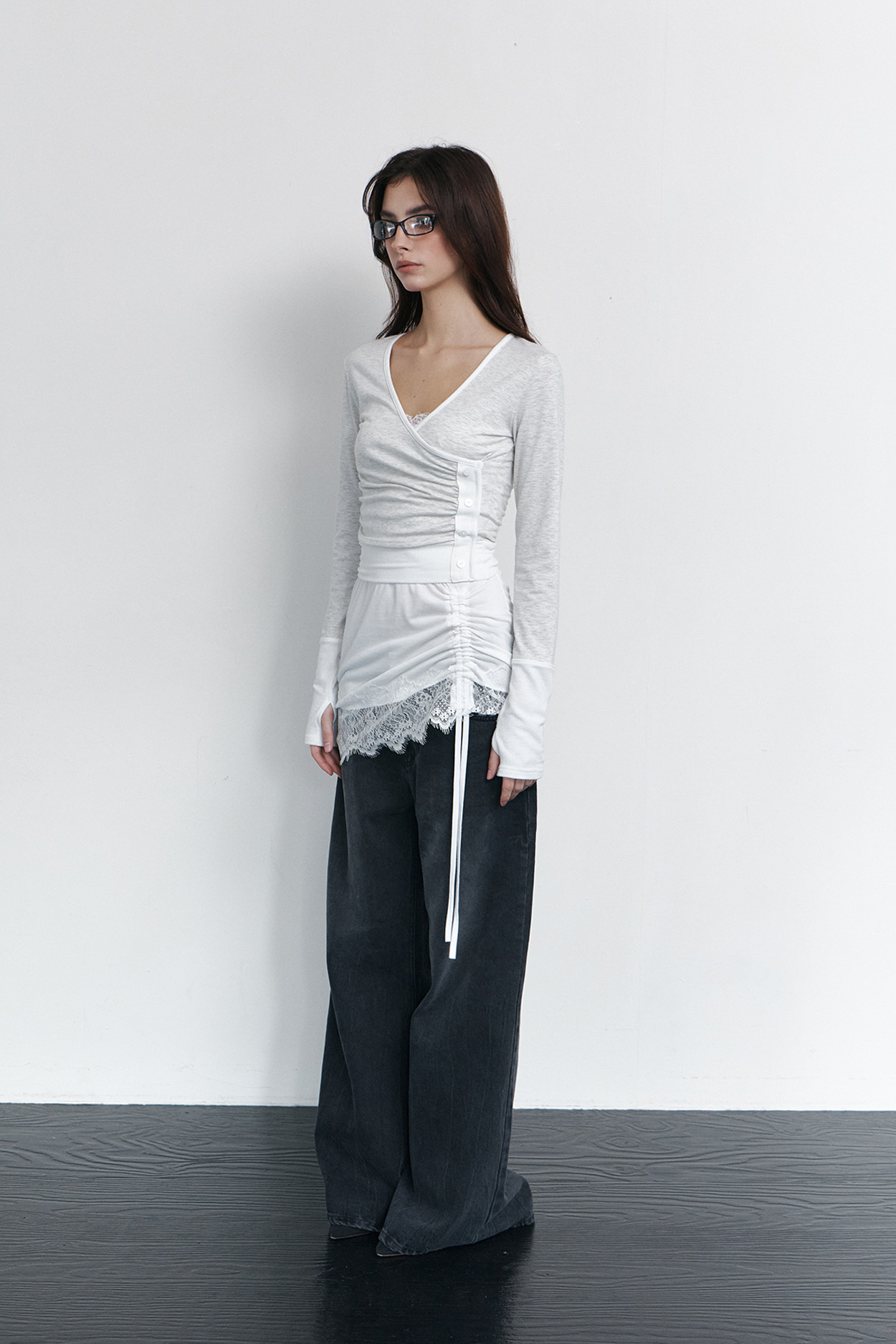 pleaseNOFOLLOW - Selena Button Wrap long sleeve Top (Oatmeal)