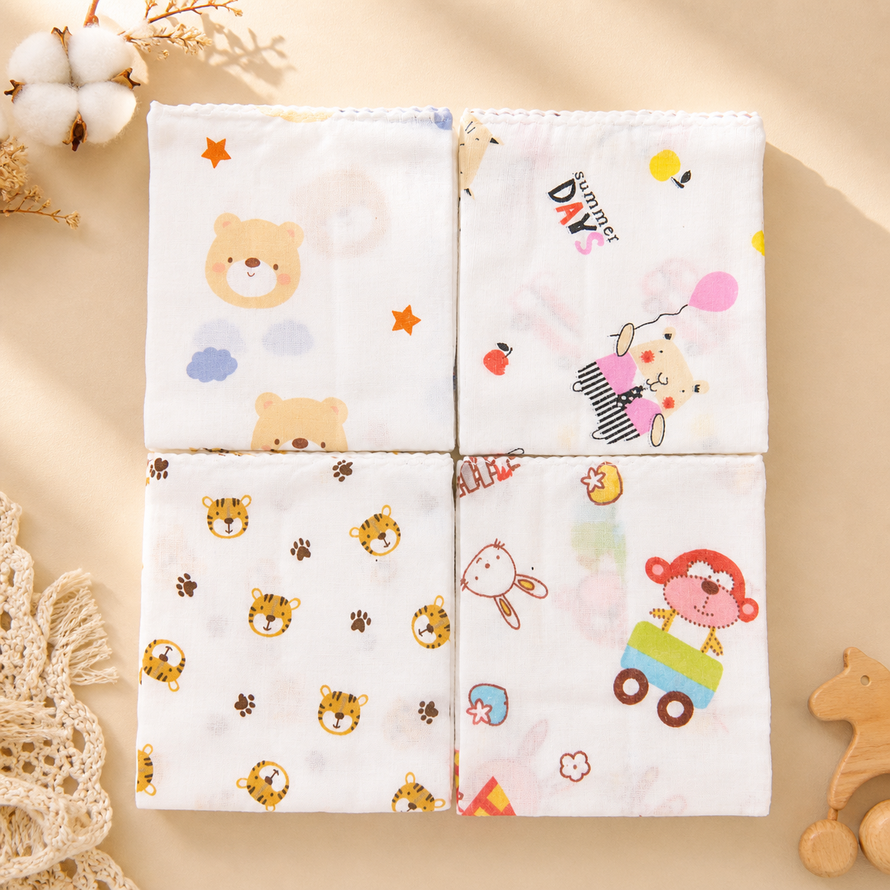 Chubees彩紗巾(4條裝) CHUBEES Printed Baby Cotton Gauze Washcloths (4-Pack)