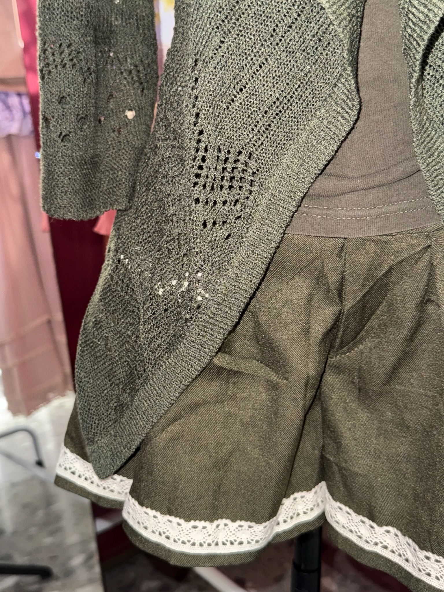 Dark Green Knitted Cardigan Lace Shorts Set