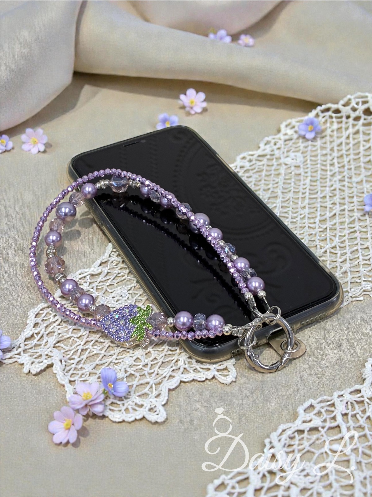 紫色草莓水晶手機掛繩