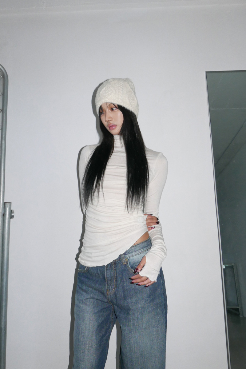 Ruched Asymmetrical Turtleneck Top