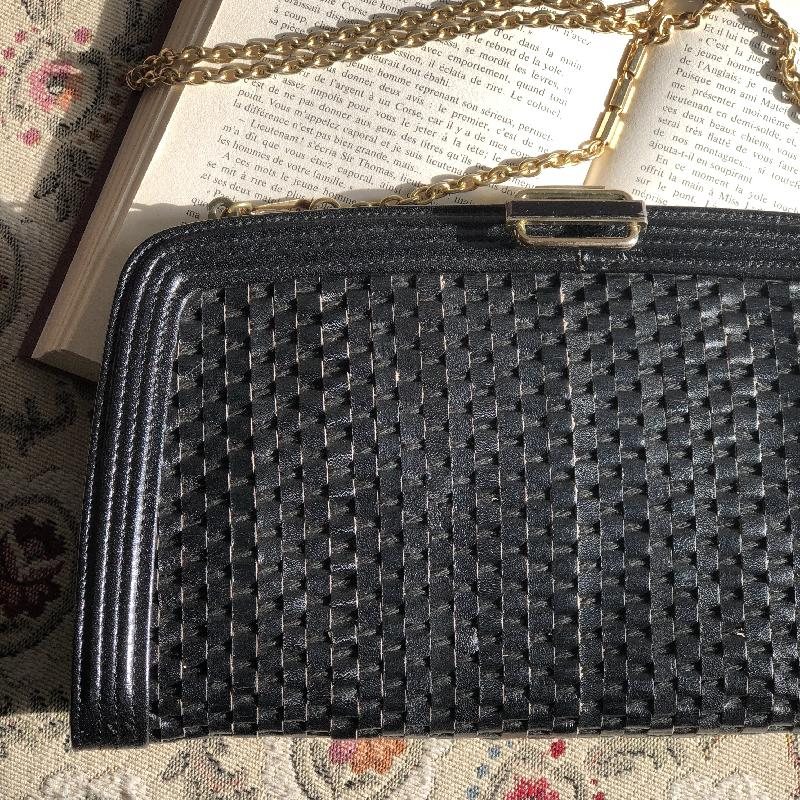 Vintage Black Weaving Leather Strips Two-Way Clutch/Shoulder Bag from Japan (MT1628)