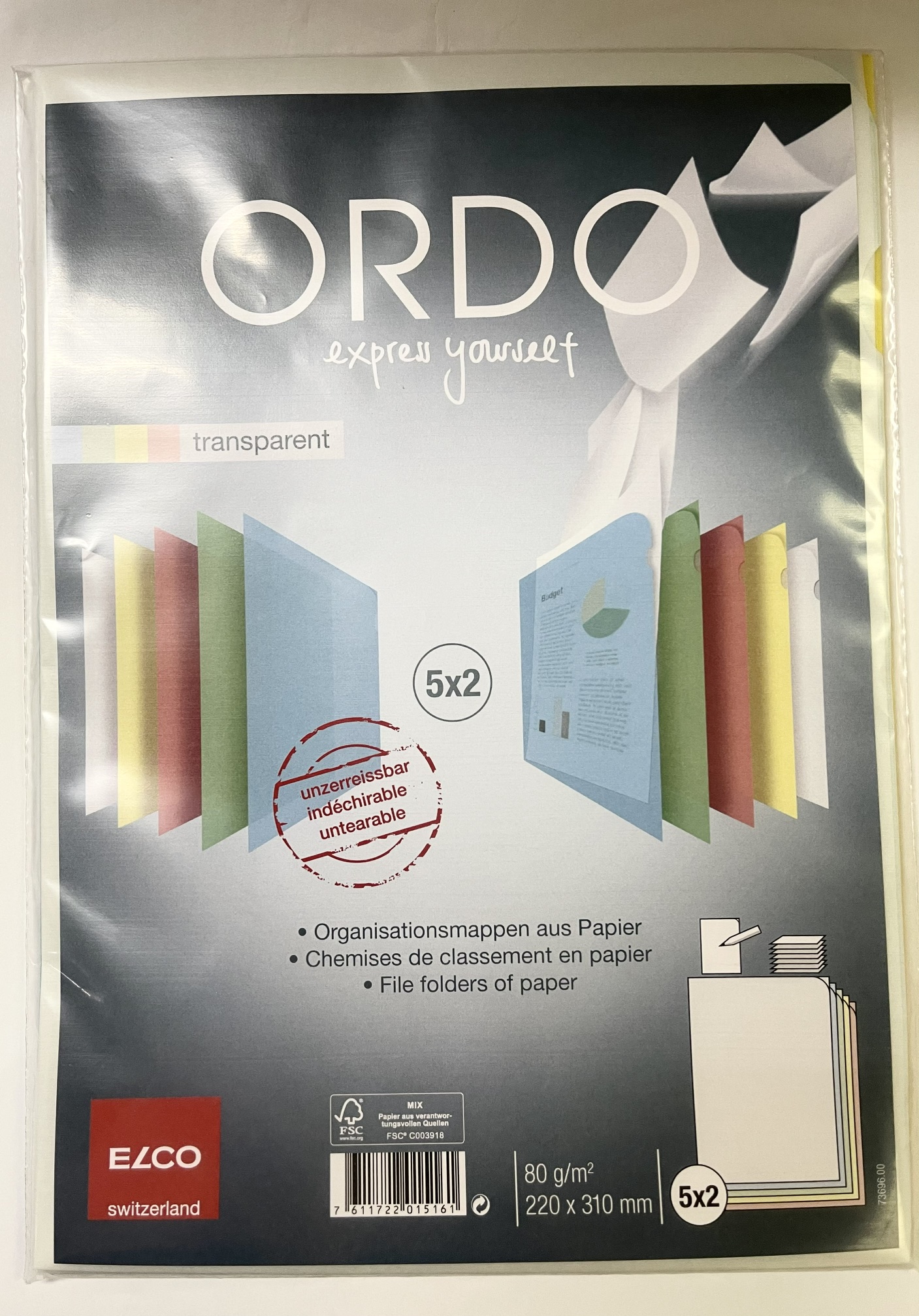 ELCO 瑞士艾奧柯牌ORDO系列 80gsm A4 5色 x 2個 透明文件紙套 (10個)