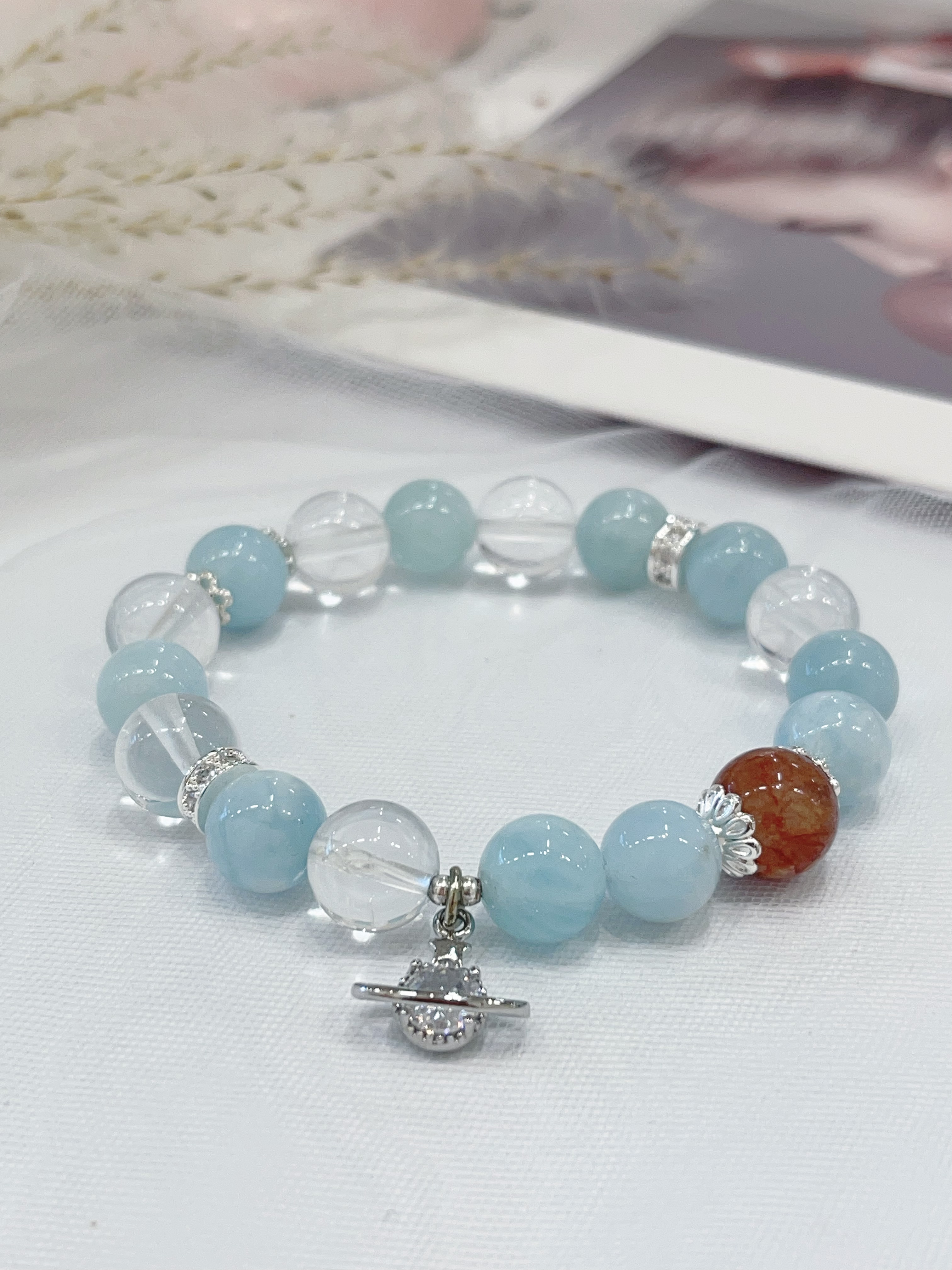 🌊 海蓝宝 × 白水晶 × 红胶花手串 Aquamarine & Clear Quartz & Red Agate｜10mm