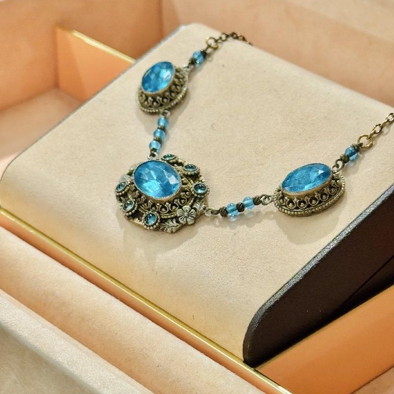 Antique Czechoslovakian 1920s Or Earlier Hand Bezel Set Blue Glass Filigree Necklace (C003)