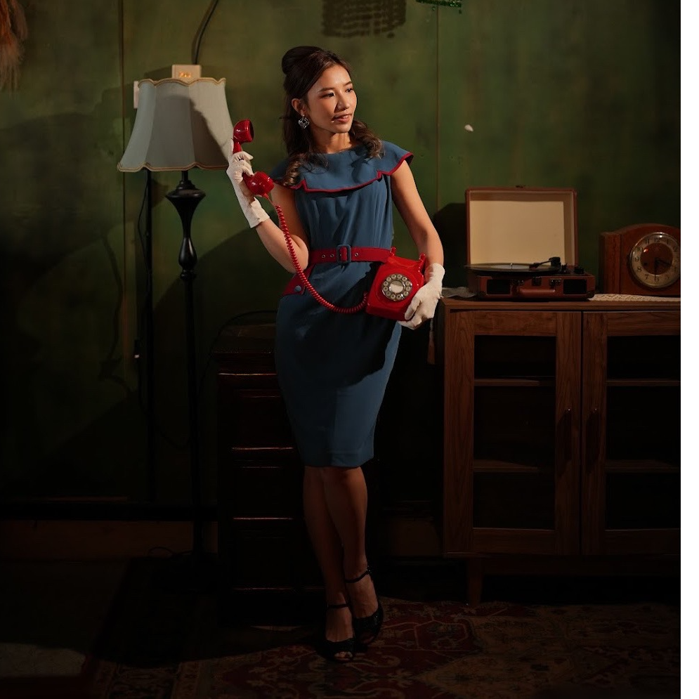(Last S)1950s Summer Splendour Two Tone Cape Dress - Blue x Red (FM191)