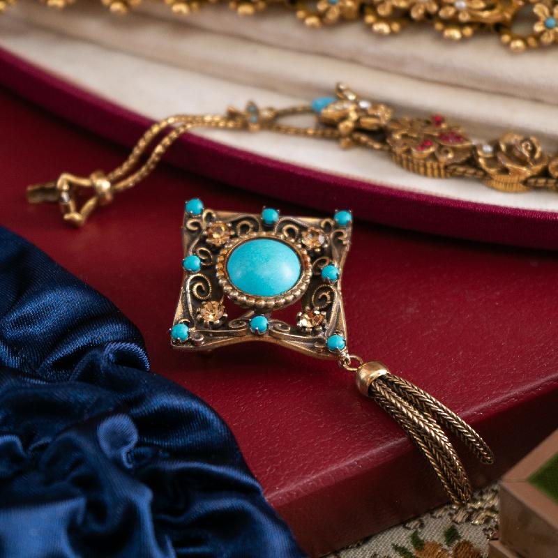 C.a. 1950-60s Victorian Revival Turquoise Paste Cabochon Tassel Brooch(EA1863)