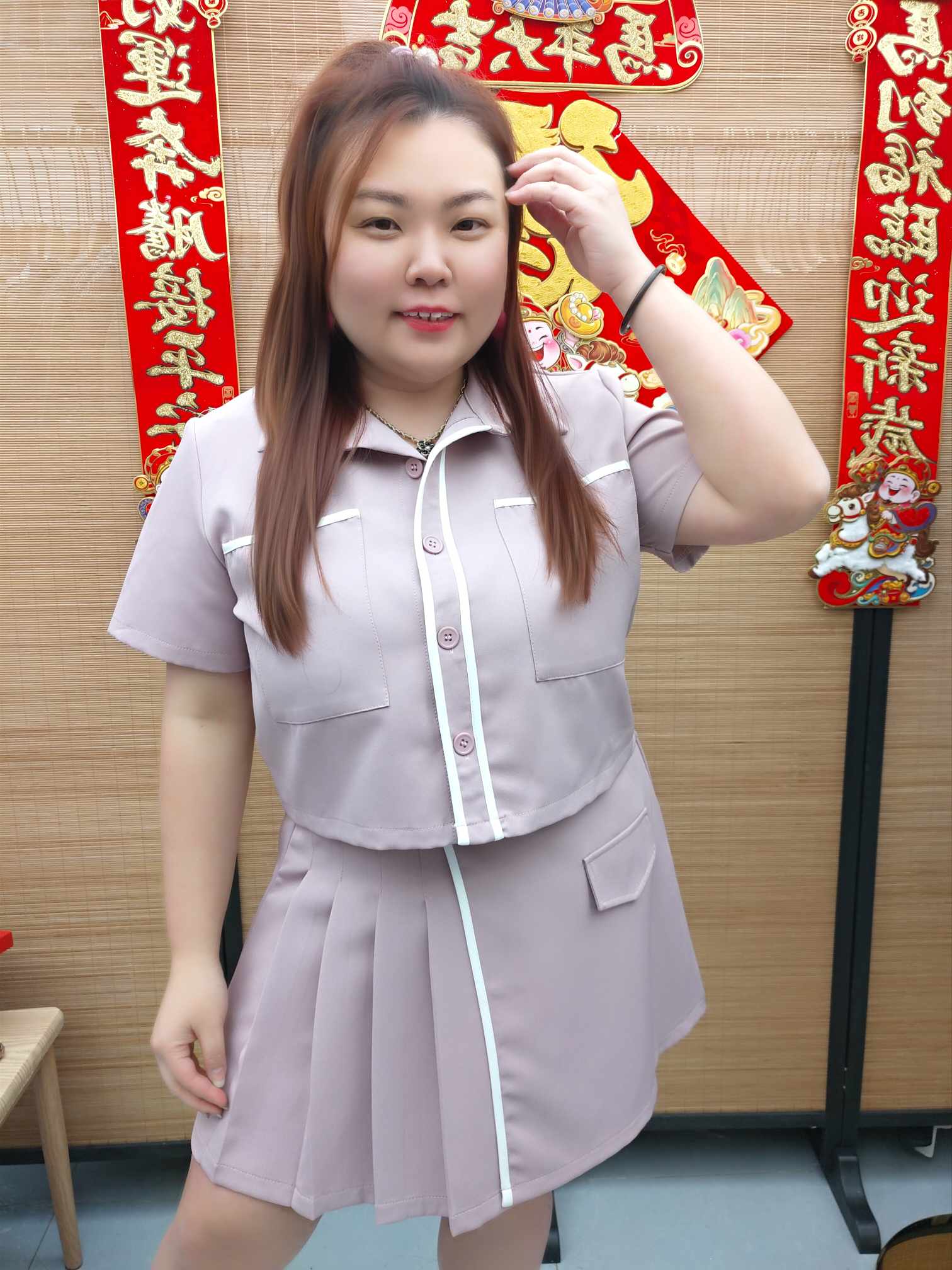 DDG10 TW#8081 边白线条拼边百褶设计裤裙套装