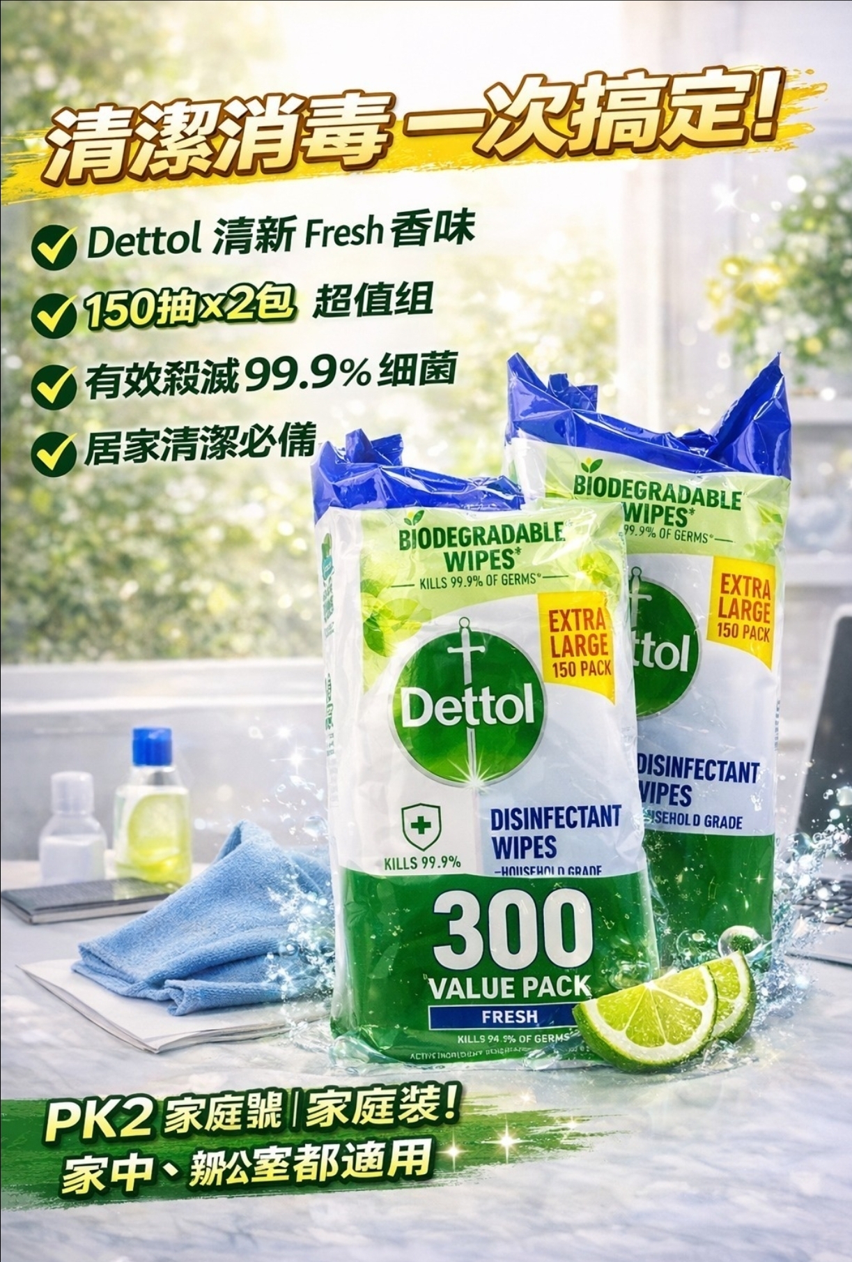 $95組.2組或以上:$85組.DETTOL 消毒濕紙巾 (1組2包共300片)