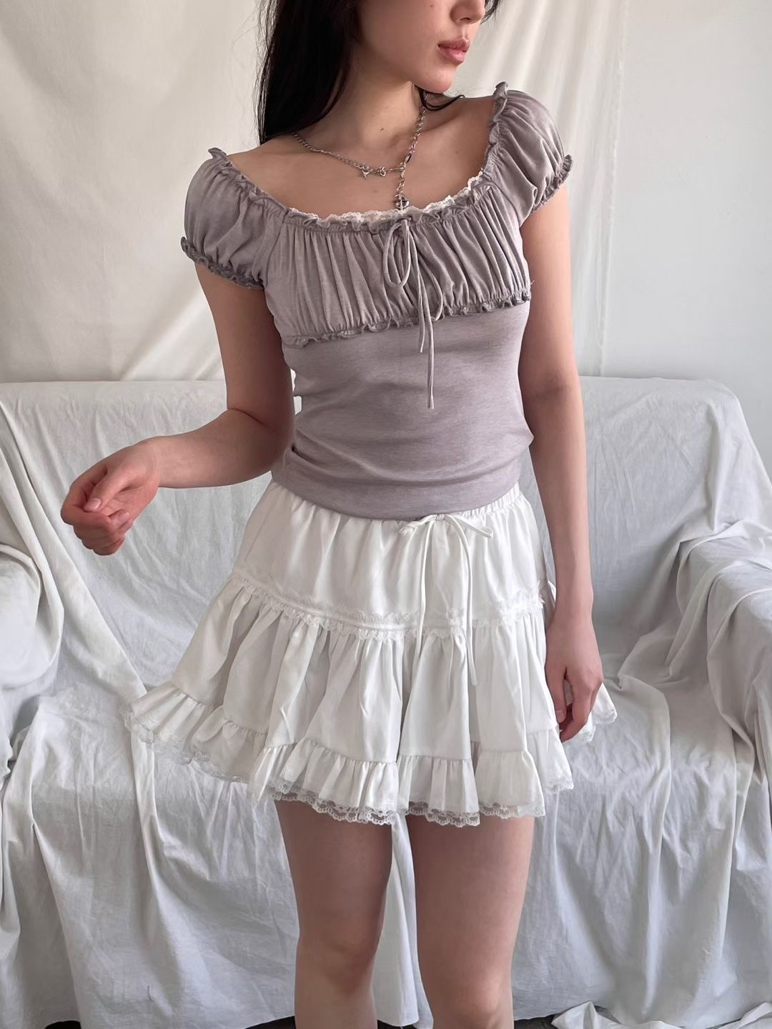  【 香芋紫Pick🥛💜甜酷兼備～LACE拼波浪邊兩著上衣💭 】 Chiffon 2-way Ruffle Top(三色入)