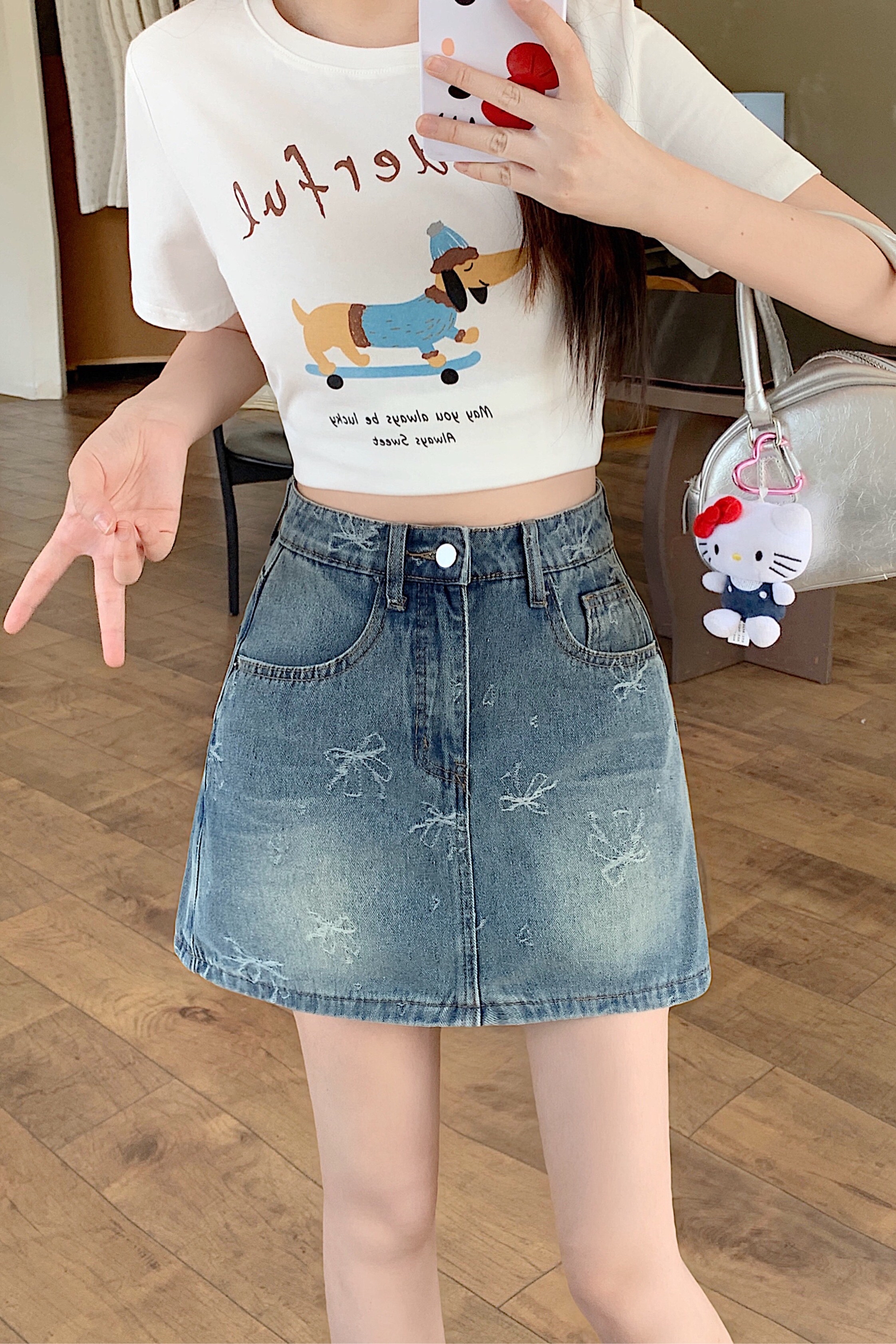 B446(66130) 韩系JEANS甜美风蝴蝶结印花设计感蓝前裙后裤