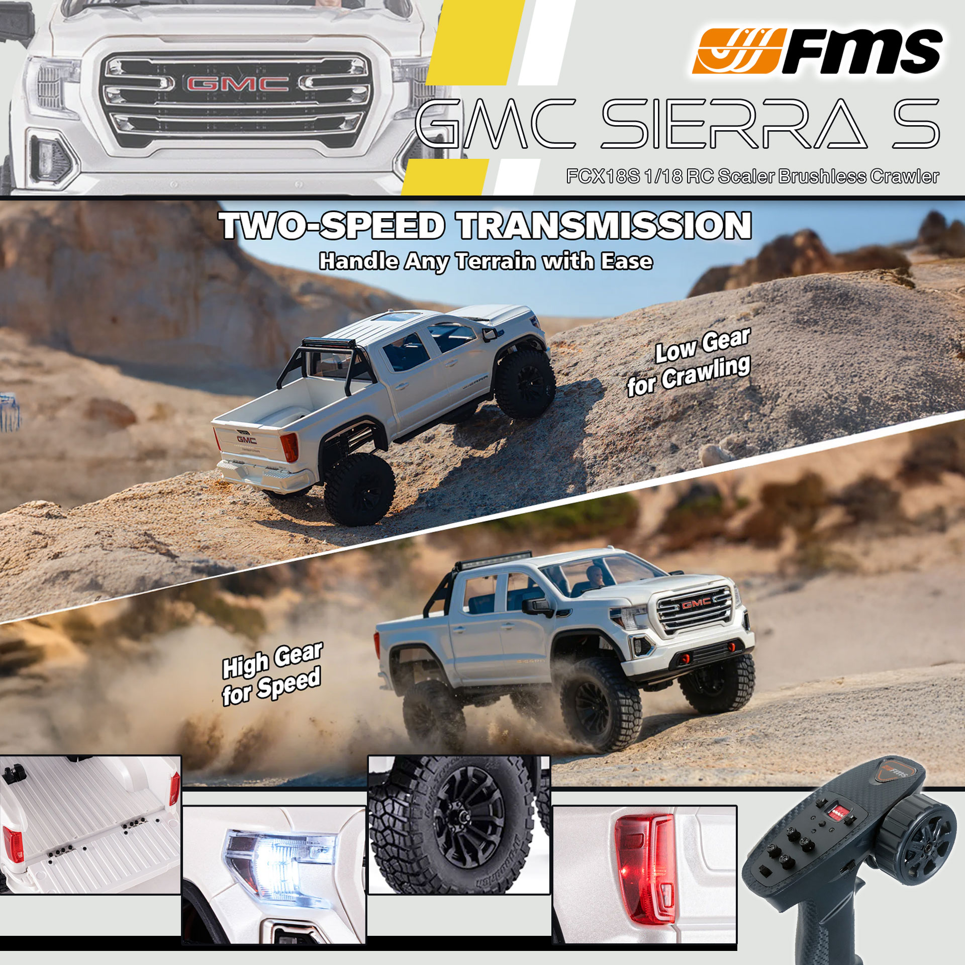 全新 FMS FCX18S 1:18 GMC Sierra S RTR Brushless | General Motors LLC授權 | 無刷版本 | 聯動指揮燈 | 2段機械變速 | 迷你慢爬車 | 遙控車 | 像真迷你遙控車