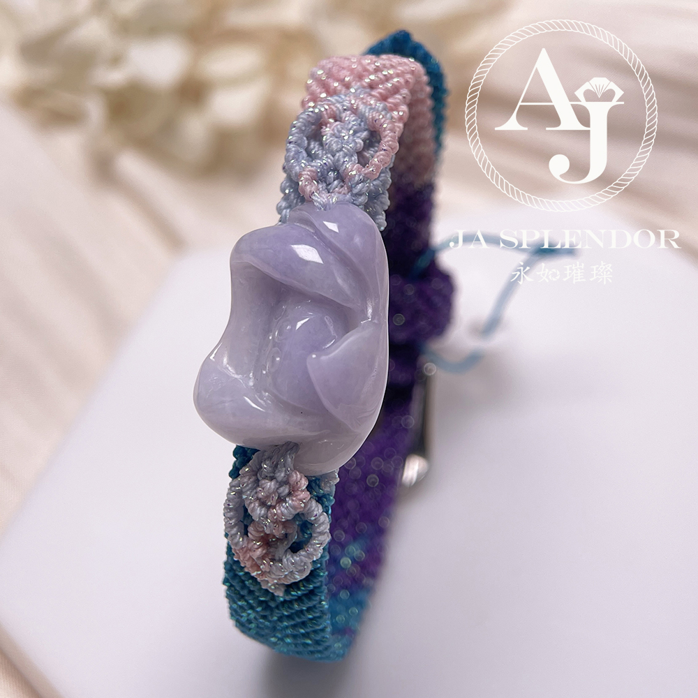 JN-3532 天然翡翠A玉- 春彩濃紫蓮花清心安神蠟繩編織手帶