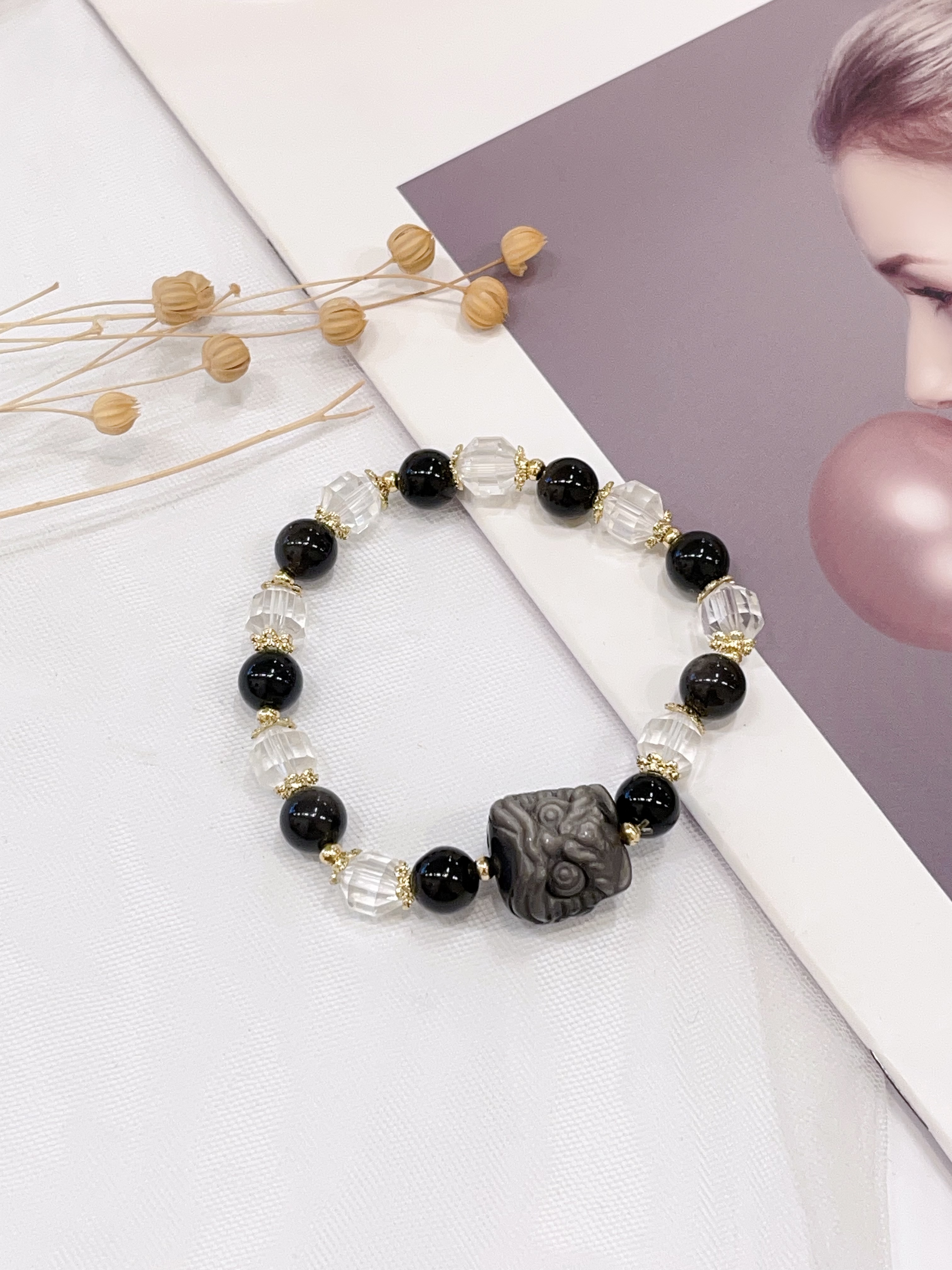 🦁 银耀石醒狮 × 黑曜石 × 白水晶手串  Silver Sheen Obsidian Lion & Obsidian & Clear Quartz｜守护能量