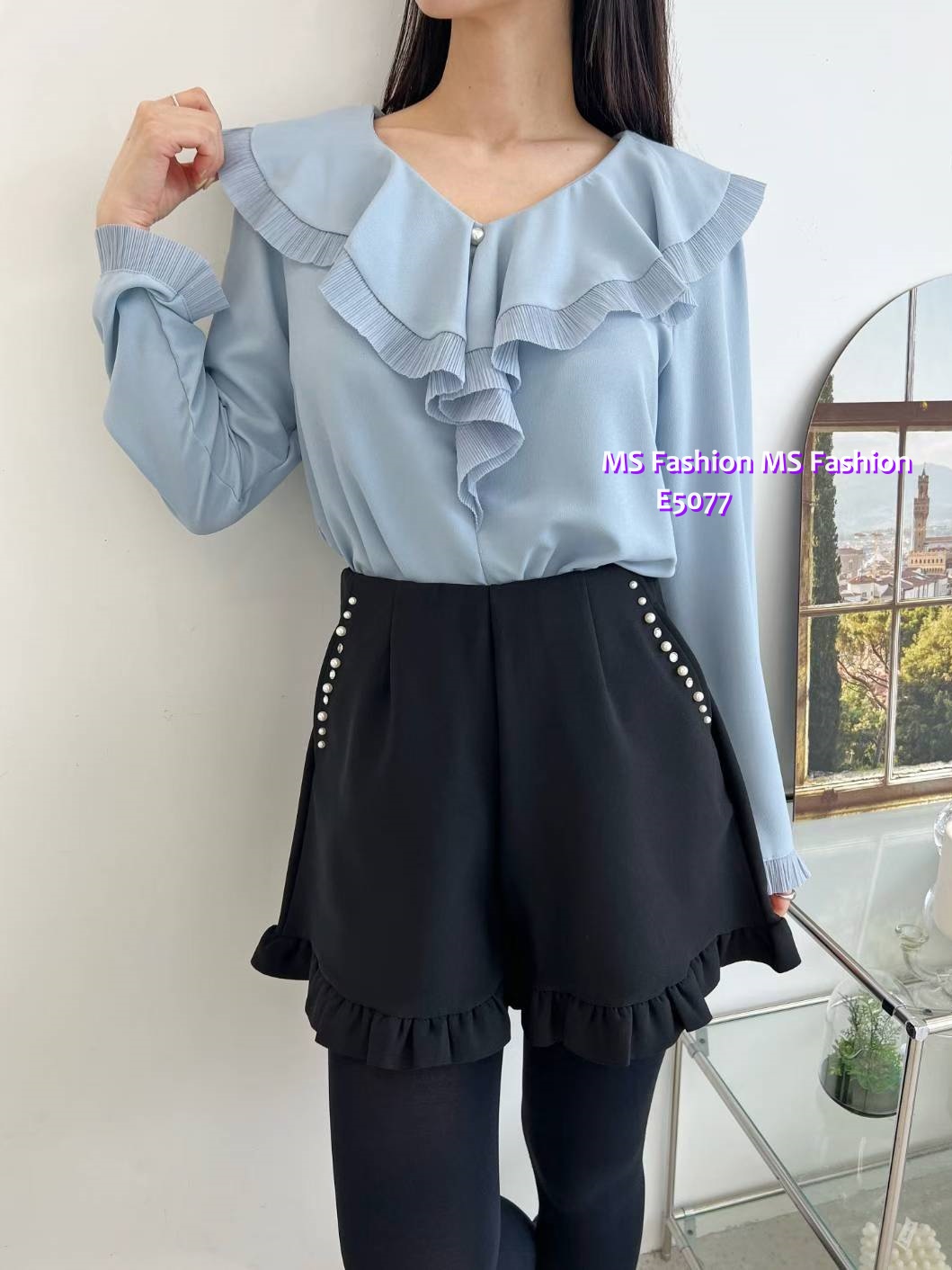 E5077 靚料V領ruffle top