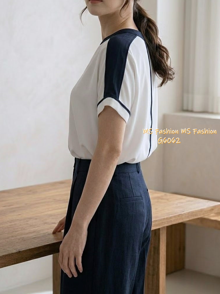 G6062 韓國🇰🇷靚料V領拼色top
