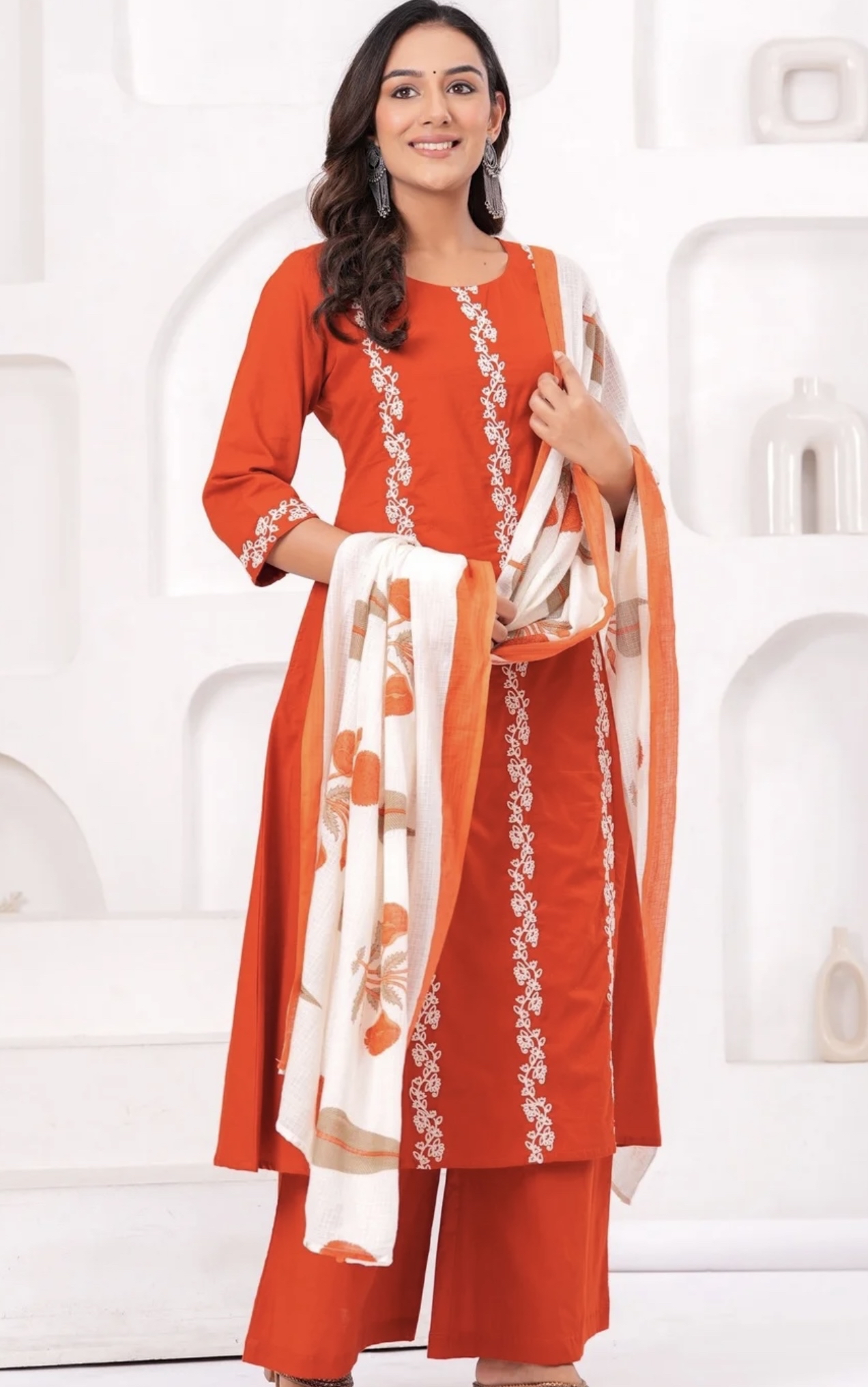 Orange A-Line cotton Kurta set