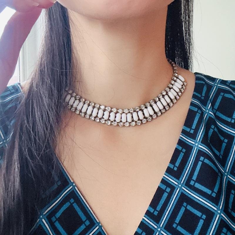 Vintage 1950s Sparkling Rhinestone Milk Glass J Clasp Day & Night Necklace - Adjustable Length (MT2140)