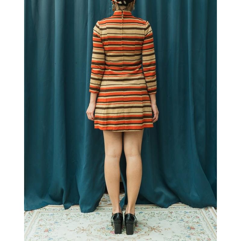 Vintage Japanese 1960s MOD Linear Pattern Brown Orange Tone Mini Skirt Dress (MT1541-11)
