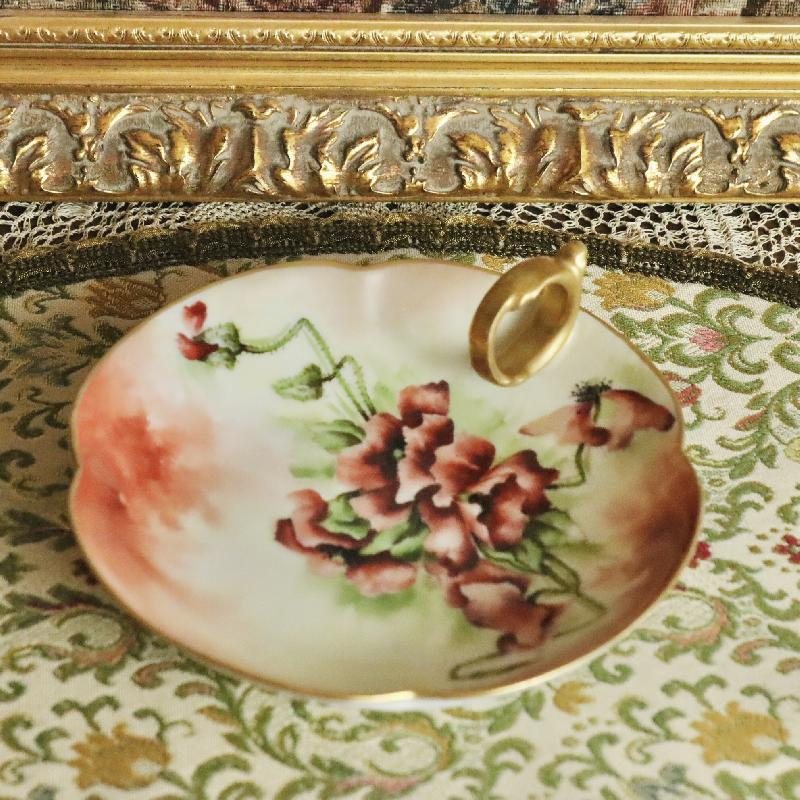 Vintage Mid-century French Limoges Artist Signed Handpaint Anemone/Poppy Red Flower Bowl Dish with Golden Handle (MT1649)