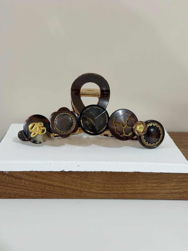 復古鈕扣髮夾/啡橙色系 12cm長