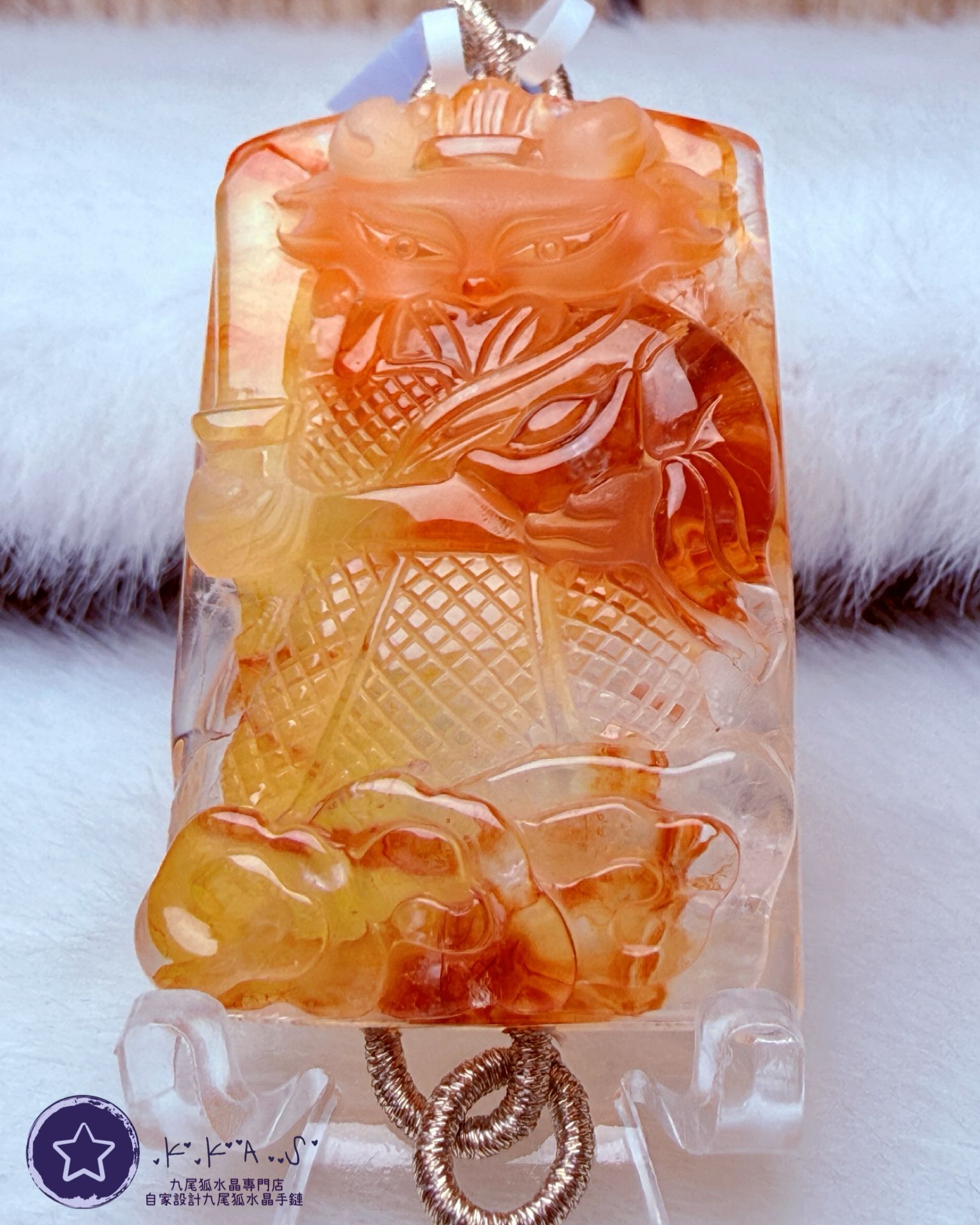 K00125 橙紅膠花 將軍狐 - 吊墜/手牌兩用款