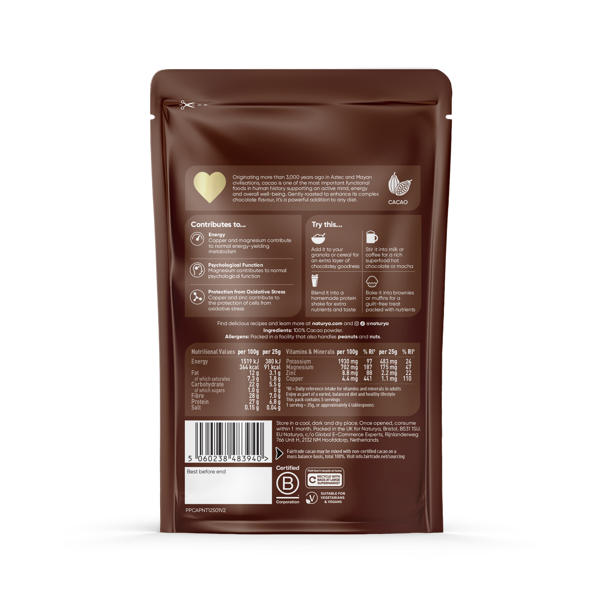 Naturya 有機生可可粉 (100% 可可）Single Origin FT Cacao Powder 250g 