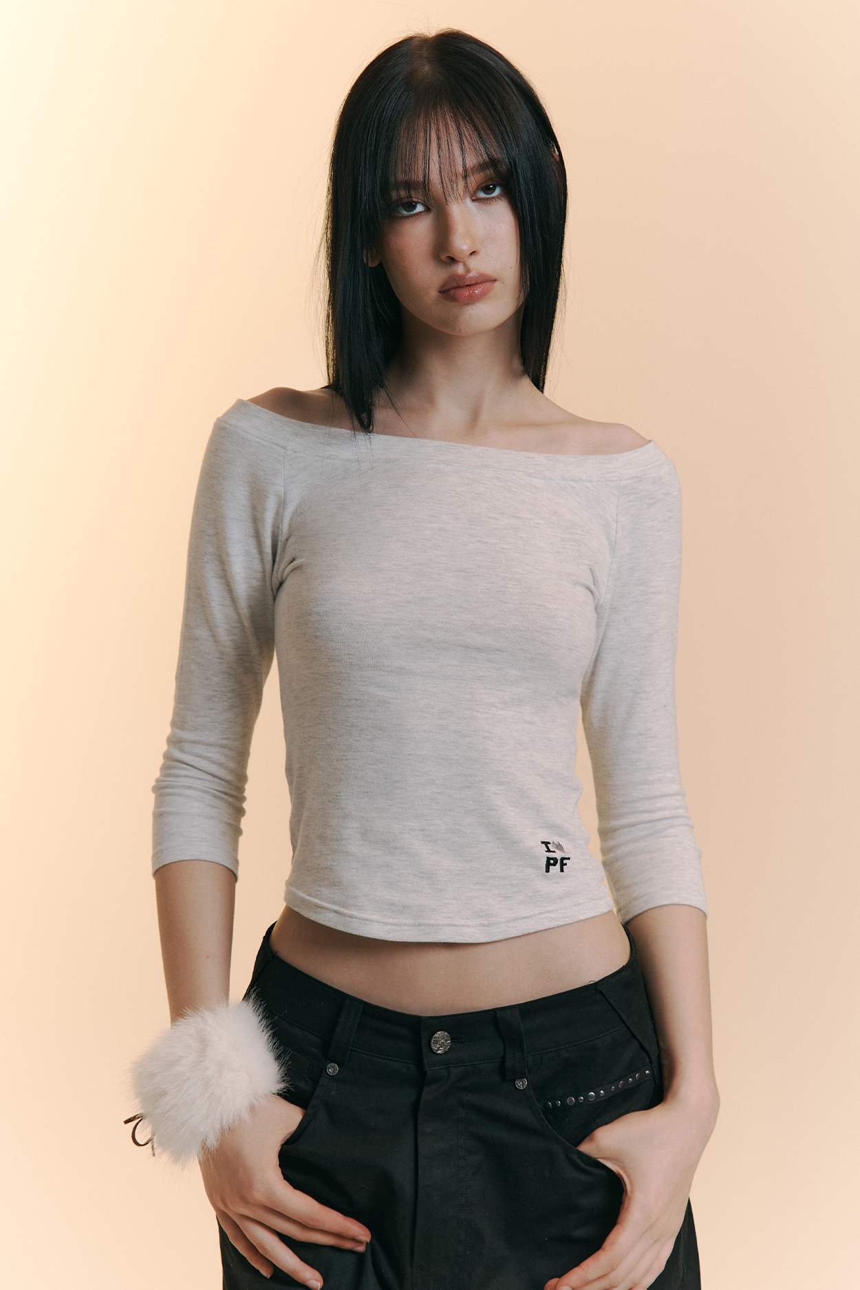 pleaseNOFOLLOW - Zed Off-Shoulder Long Sleeve Top (White Melange)