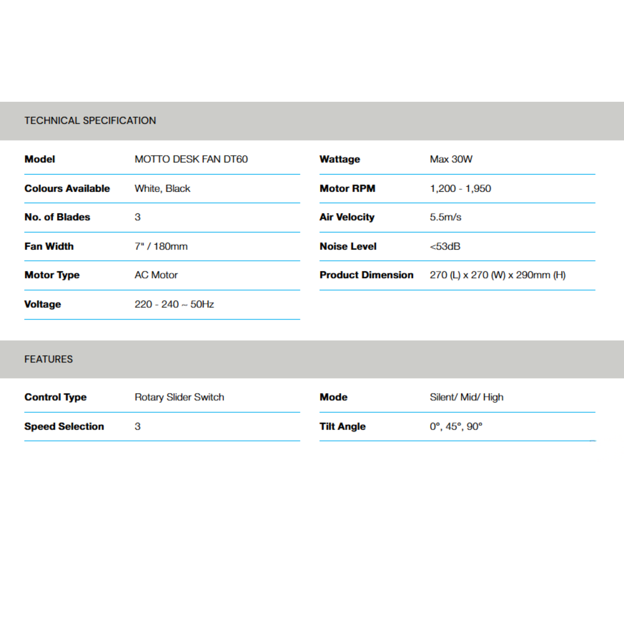Alpha 7" Motto AC Motor Desktop Fan (Motto DT60/7-AC)