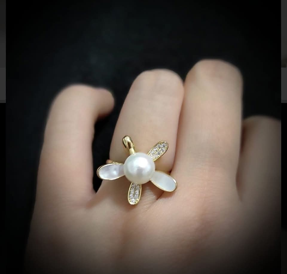 特價品‼️正圓極強光日本akoya 海水珍珠精工s925銀微鑲母貝鋯石開口戒指